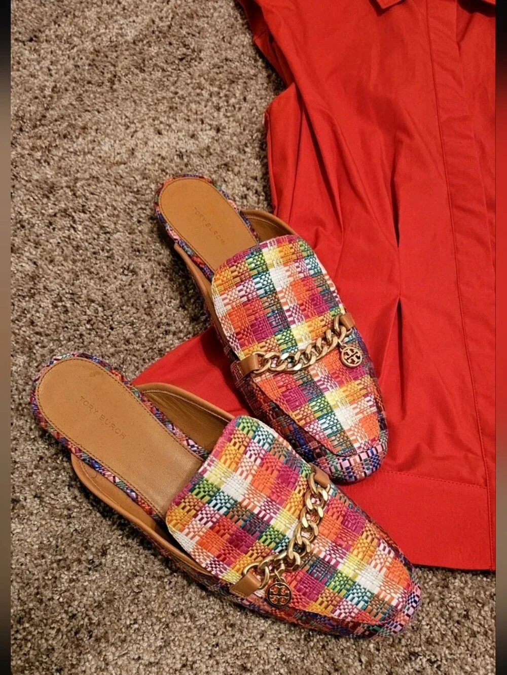 Tory Burch Leather Mini Benton Multi Plaid Loafer w/Gold Charm 10.5-Retail $299